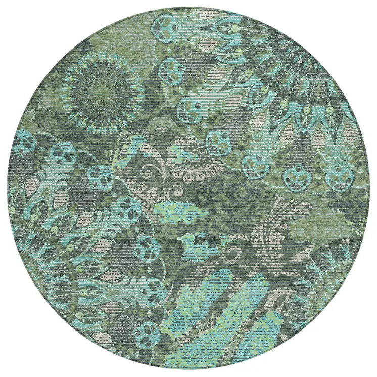 8' Olive Green Blue And Gray Round Paisley Washable Indoor Outdoor Area Rug