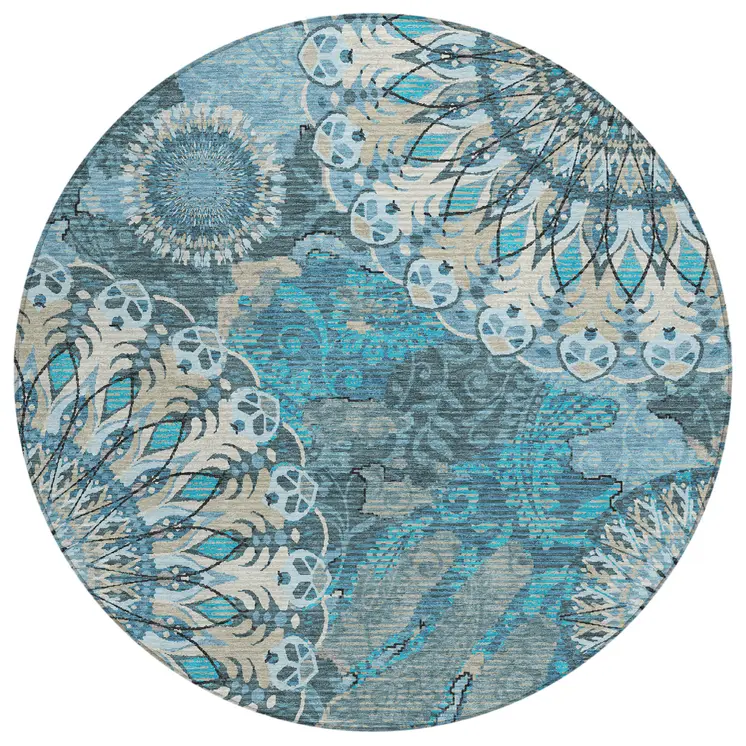 8' Teal Blue Khaki And Ivory Round Paisley Washable Indoor Outdoor Area Rug