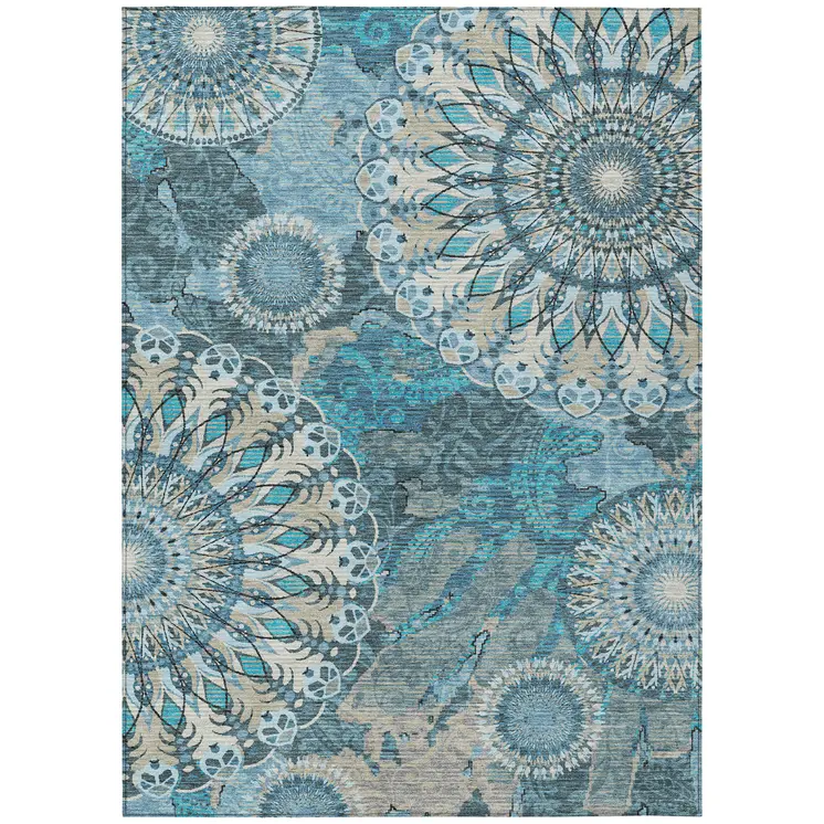 9' X 12' Teal Blue Khaki And Ivory Paisley Washable Indoor Outdoor Area Rug