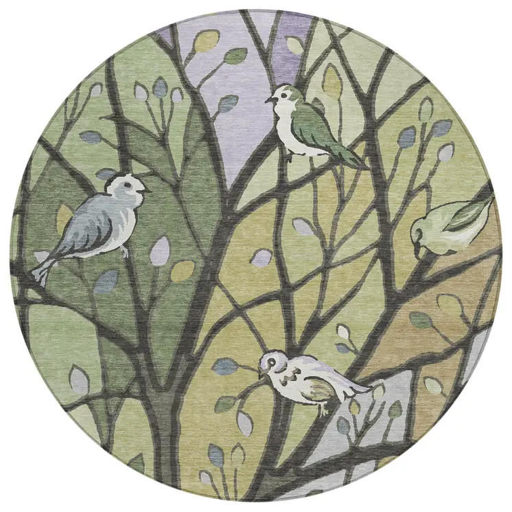 8' Artichoke Green Wheat And Lavender Round Botanical Leaves Washable Indoor Outdoor Area Rug