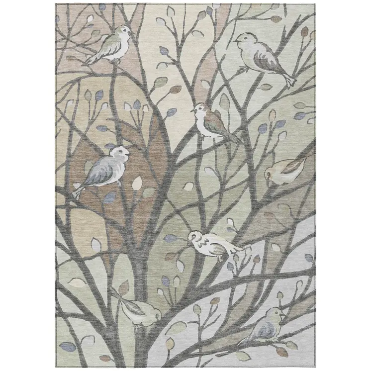 5' X 8' Beige Sage And Khaki Botanical Leaves Washable Indoor Outdoor Area Rug