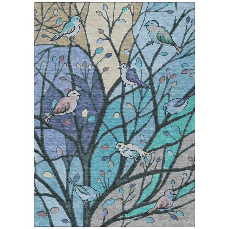 3' X 5' Blue Beige And Khaki Botanical Leaves Washable Indoor Outdoor Area Rug