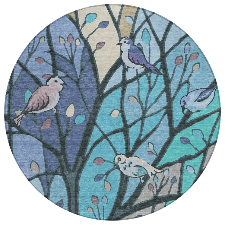 8' Blue Beige And Khaki Round Botanical Leaves Washable Indoor Outdoor Area Rug