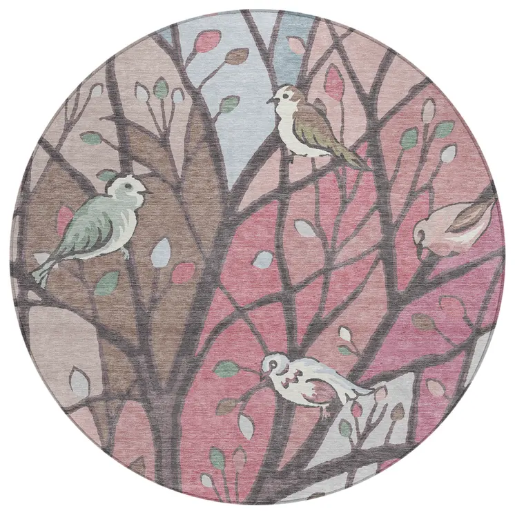 8' Blush Blue And Brown Round Botanical Leaves Washable Indoor Outdoor Area Rug