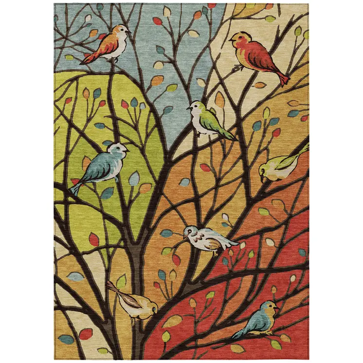 10' X 14' Gold Red And Green Botanical Leaves Washable Indoor Outdoor Area Rug