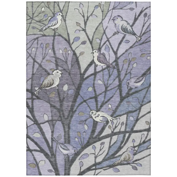 8' X 10' Purple Blue And Sage Botanical Leaves Washable Indoor Outdoor Area Rug