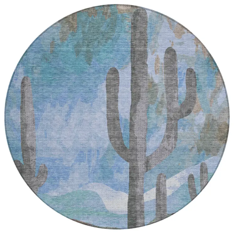8' Brown Blue And Taupe Round Botanical Leaves Washable Indoor Outdoor Area Rug