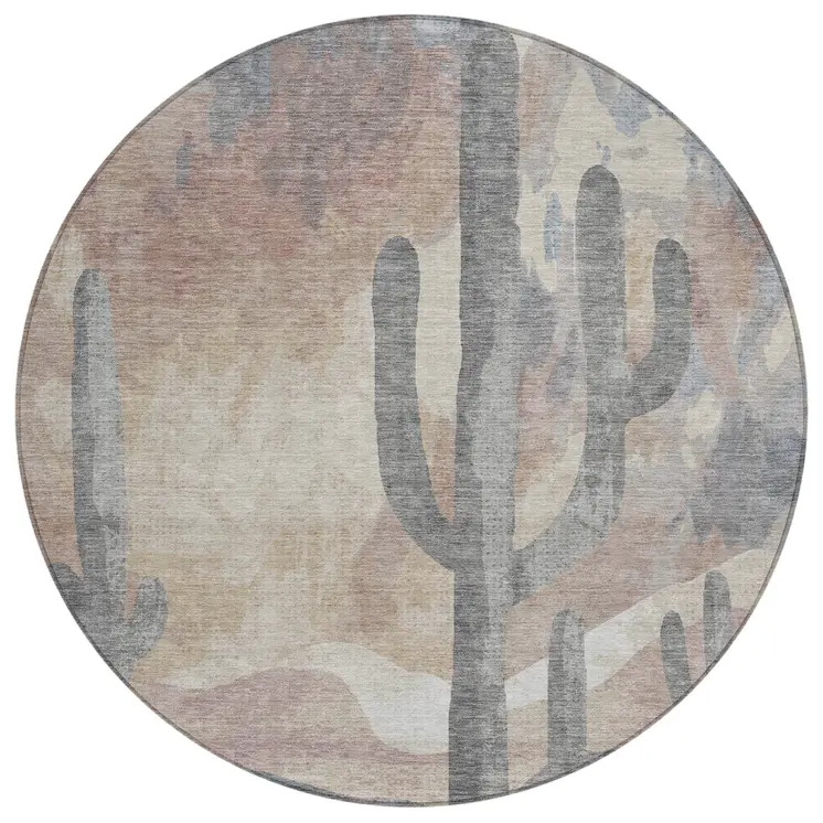 8' Taupe Coral And Sage Round Botanical Leaves Washable Indoor Outdoor Area Rug
