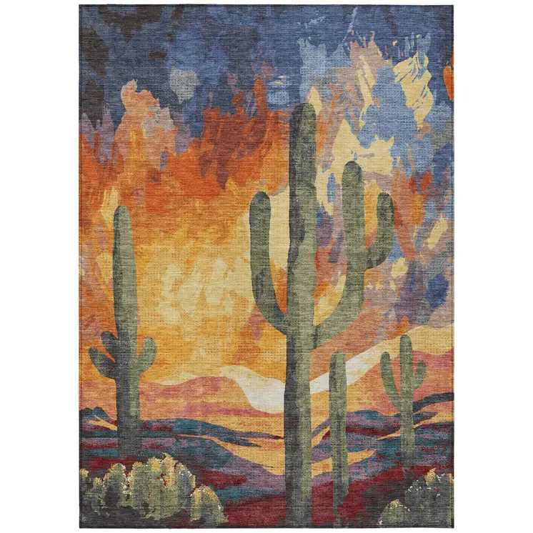 8' X 10' Terra Cotta Blue And Plum Botanical Leaves Washable Indoor Outdoor Area Rug