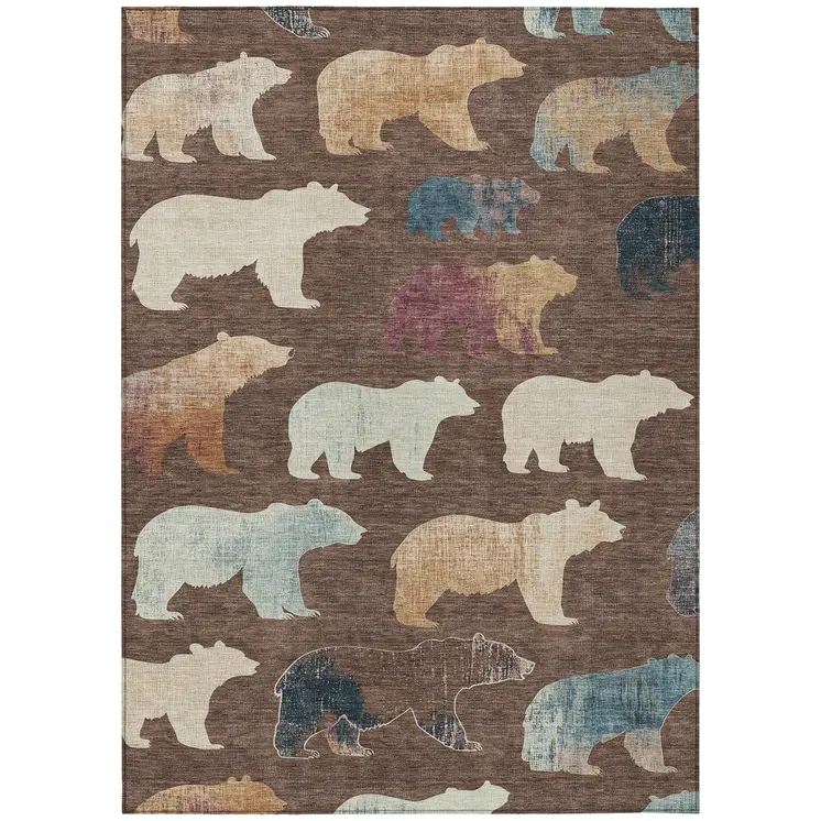 3' X 5' Chocolate Ivory And Blue Animal Print Washable Indoor Outdoor Area Rug