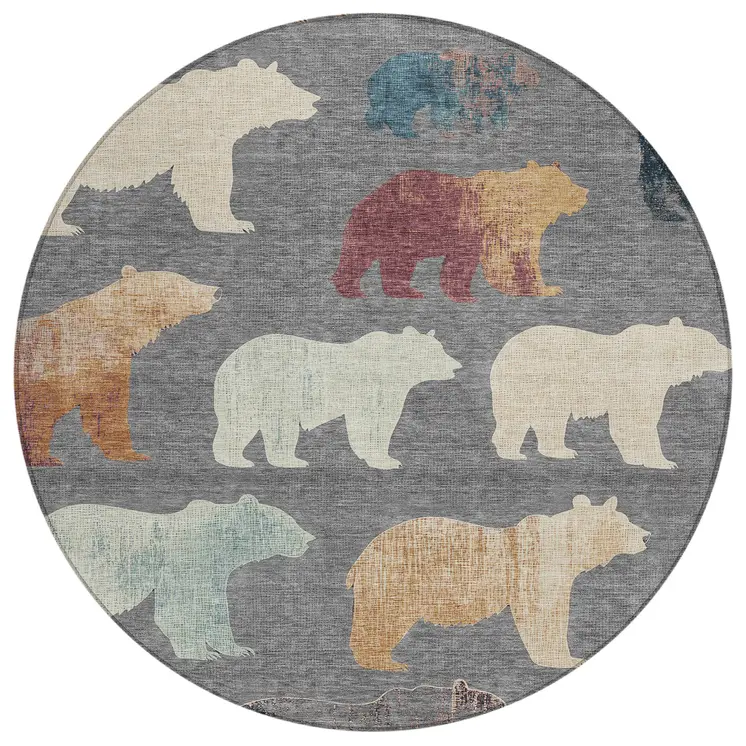 8' Gray Ivory And Beige Round Animal Print Washable Indoor Outdoor Area Rug