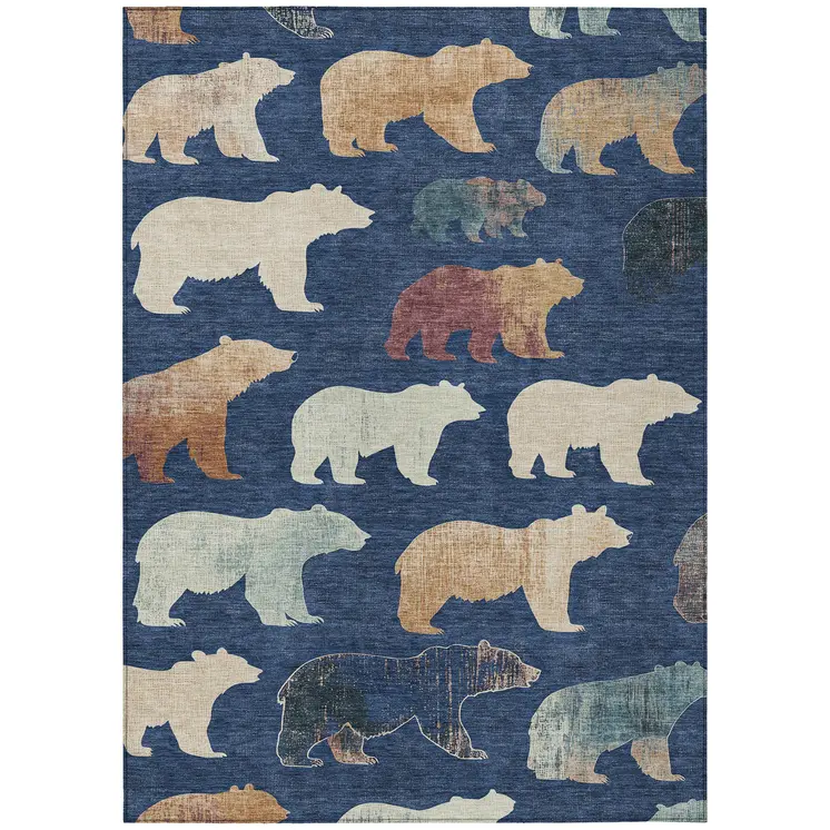 9' X 12' Navy Blue Ivory And Beige Animal Print Washable Indoor Outdoor Area Rug