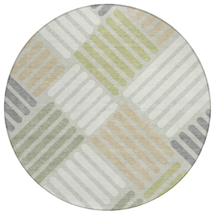 8' Artichoke Green Ivory And Gray Round Geometric Washable Indoor Outdoor Area Rug