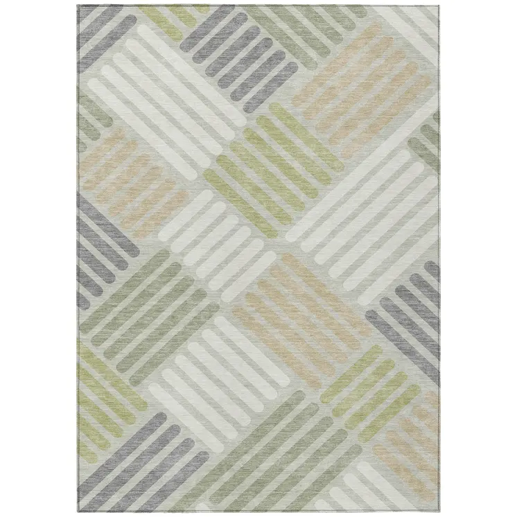 8' X 10' Artichoke Green Ivory And Gray Geometric Washable Indoor Outdoor Area Rug