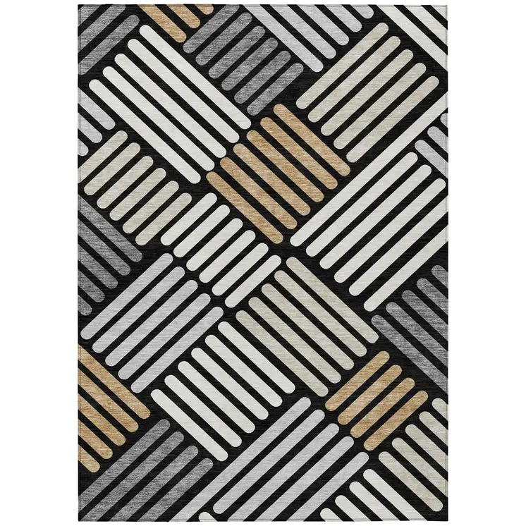5' X 8' Black Beige And Ivory Geometric Washable Indoor Outdoor Area Rug