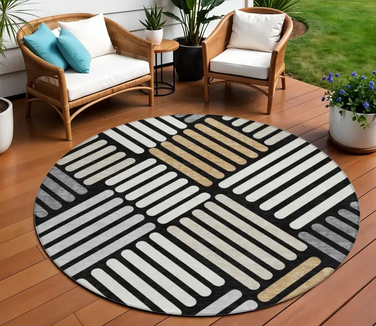 8' Black Beige And Ivory Round Geometric Washable Indoor Outdoor Area Rug
