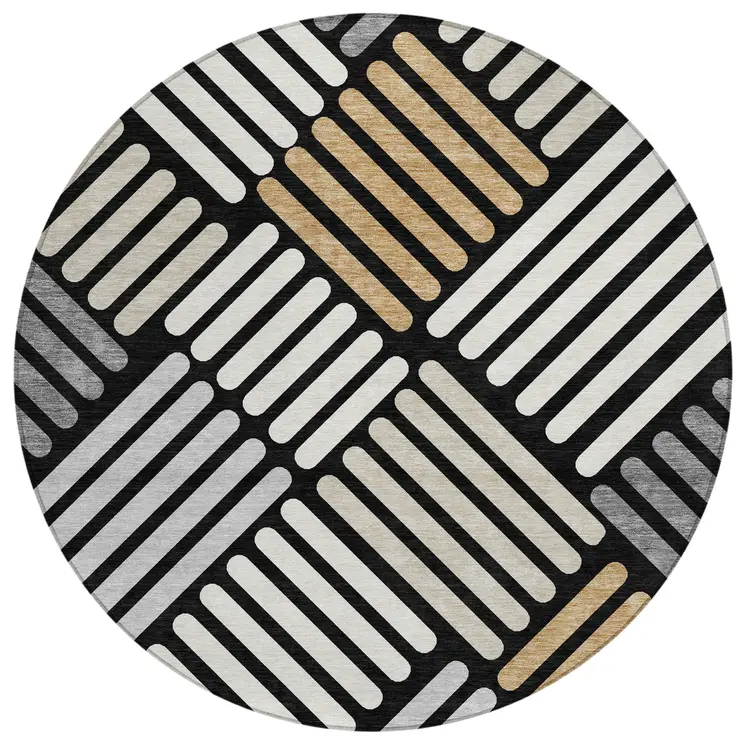 8' Black Beige And Ivory Round Geometric Washable Indoor Outdoor Area Rug