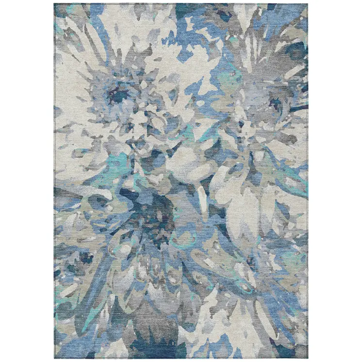 10' X 14' Denim Blue Gray And Ivory Floral Washable Indoor Outdoor Area Rug