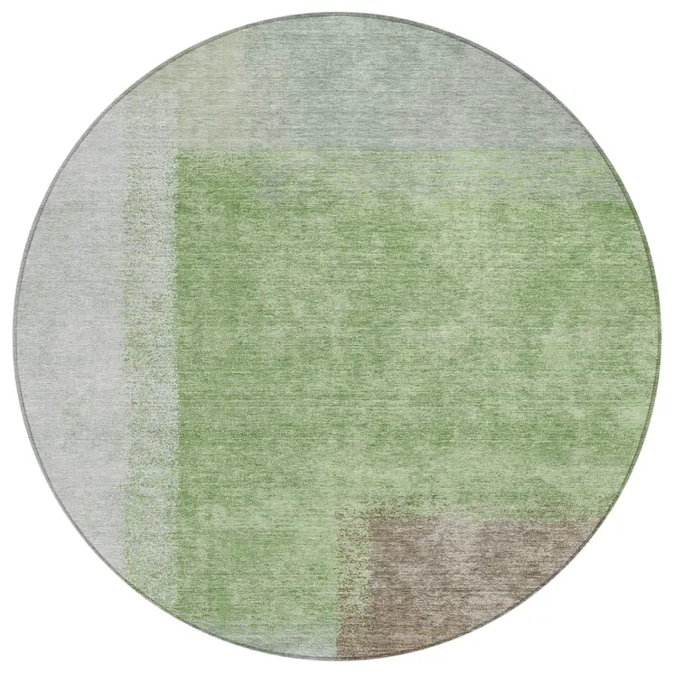 8' Artichoke Green Ivory And Brown Round Abstract Washable Indoor Outdoor Area Rug