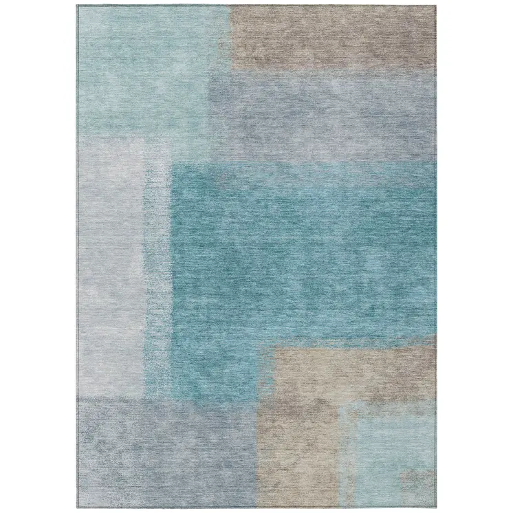 3' X 5' Teal Blue Ivory And Gray Abstract Washable Indoor Outdoor Area Rug