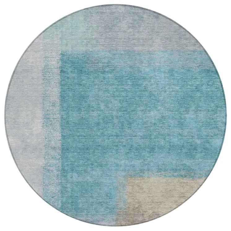 8' Teal Blue Ivory And Gray Round Abstract Washable Indoor Outdoor Area Rug