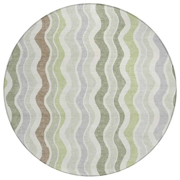 8' Artichoke Green Ivory And Brown Round Striped Washable Indoor Outdoor Area Rug