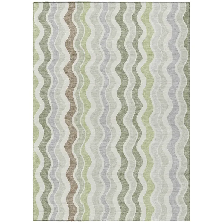 9' X 12' Artichoke Green Ivory And Brown Striped Washable Indoor Outdoor Area Rug