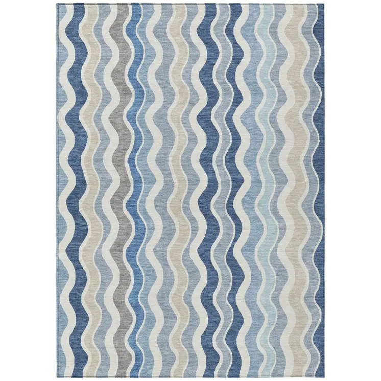 10' X 14' Blue Khaki And Ivory Striped Washable Indoor Outdoor Area Rug
