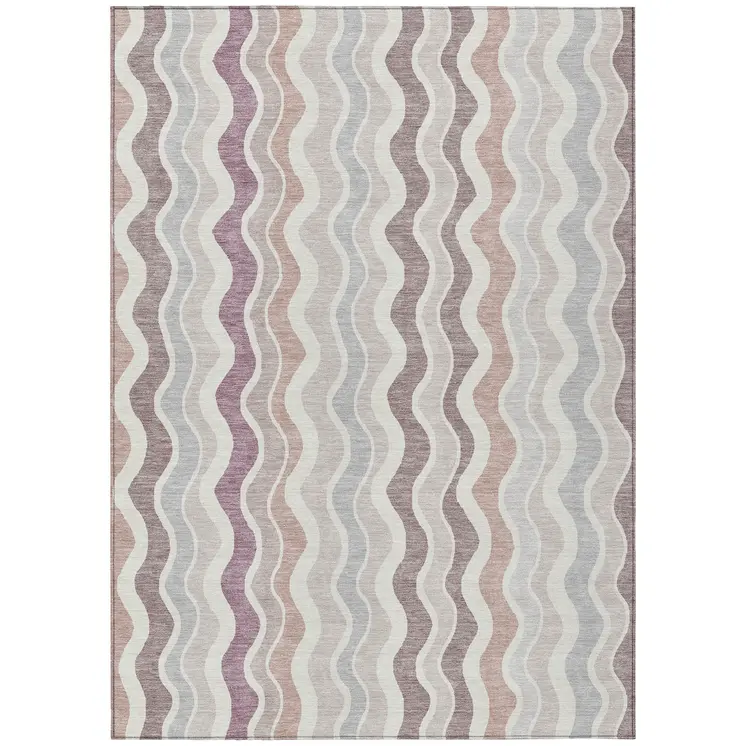 3' X 5' Blush Ivory And Taupe Striped Washable Indoor Outdoor Area Rug