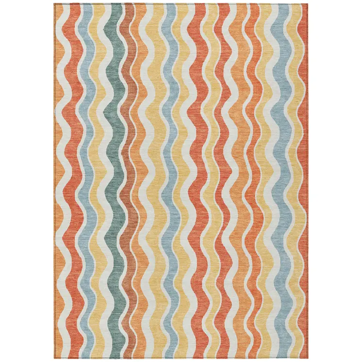 9' X 12' Coral Ivory And Gold Striped Washable Indoor Outdoor Area Rug