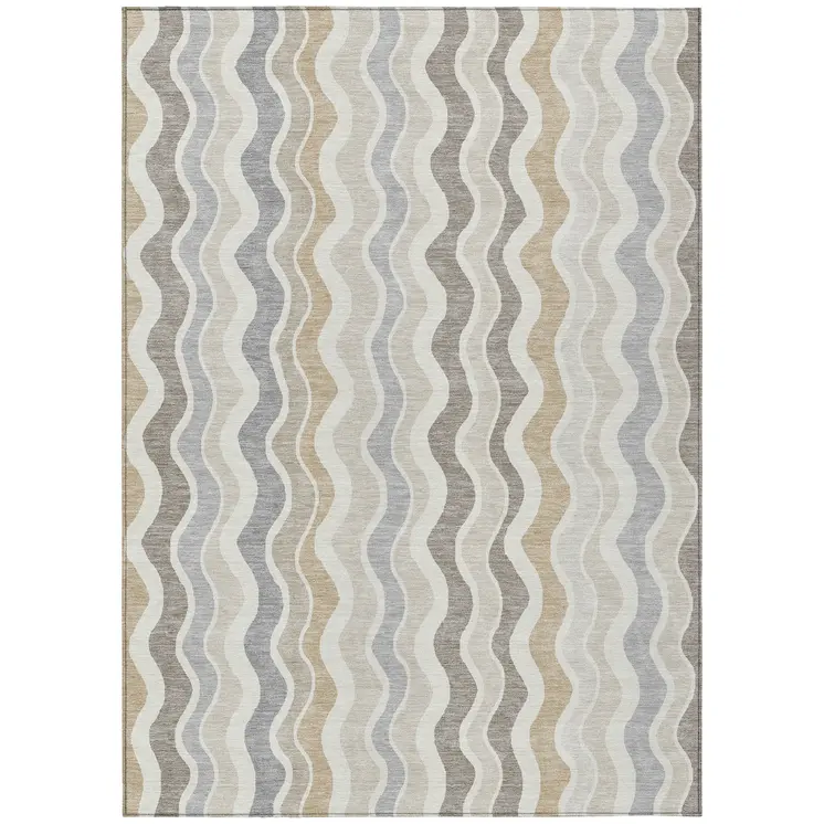5' X 8' Ivory Khaki And Beige Striped Washable Indoor Outdoor Area Rug