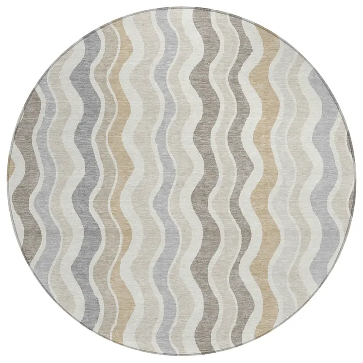 8' Ivory Khaki And Beige Round Striped Washable Indoor Outdoor Area Rug