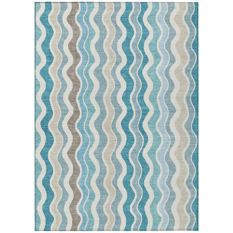 9' X 12' Teal Blue Ivory And Beige Striped Washable Indoor Outdoor Area Rug