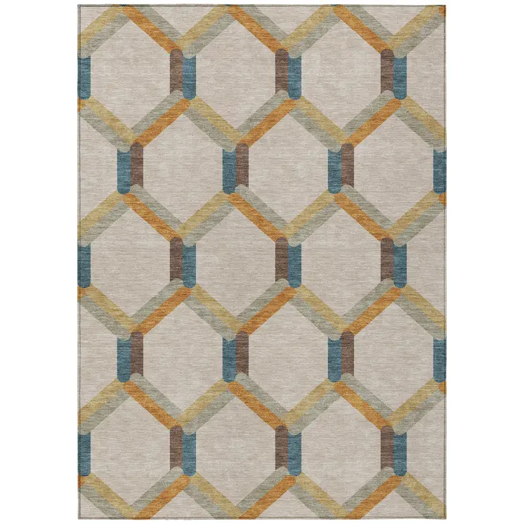 3' X 5' Beige Wheat And Blue Geometric Washable Indoor Outdoor Area Rug