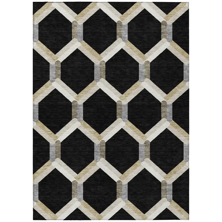 3' X 5' Black Ivory And Wheat Geometric Washable Indoor Outdoor Area Rug