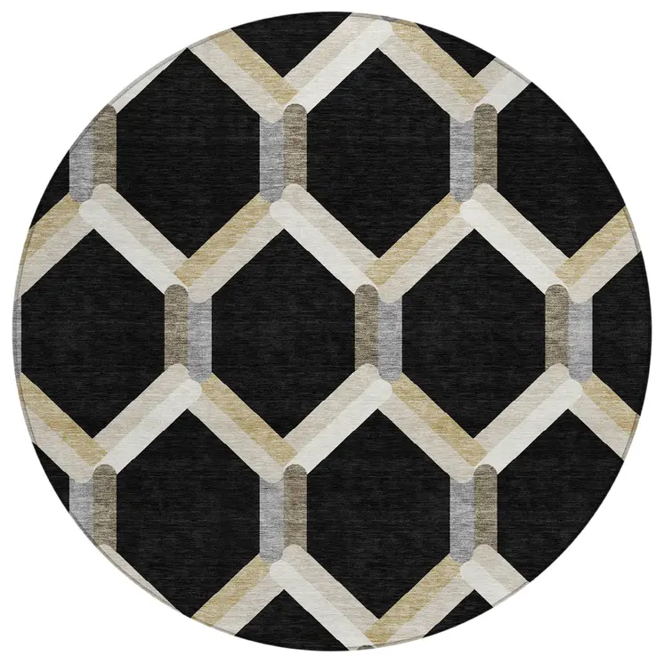 8' Black Ivory And Wheat Round Geometric Washable Indoor Outdoor Area Rug
