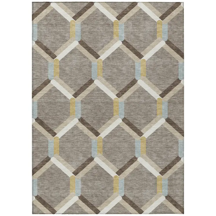 5' X 8' Brown Ivory And Beige Geometric Washable Indoor Outdoor Area Rug