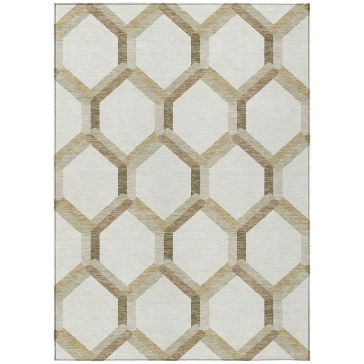 3' X 5' Ivory And Brown Geometric Washable Indoor Outdoor Area Rug