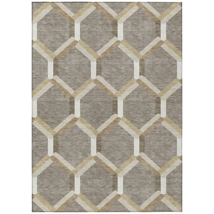 5' X 8' Taupe Beige And Ivory Geometric Washable Indoor Outdoor Area Rug