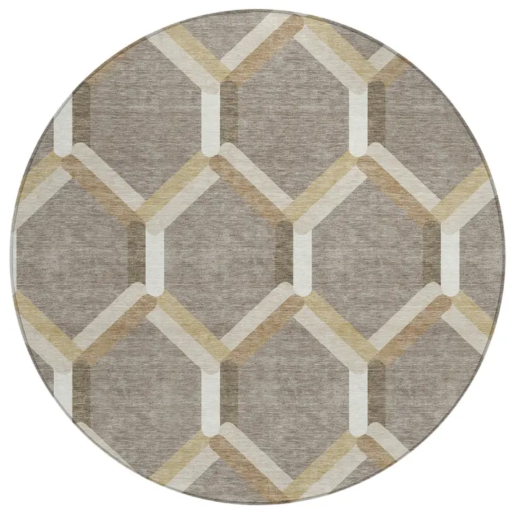 8' Taupe Beige And Ivory Round Geometric Washable Indoor Outdoor Area Rug