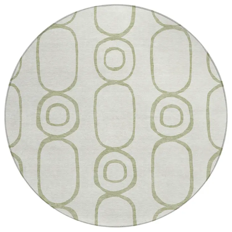 8' Artichoke Green And Ivory Round Geometric Washable Indoor Outdoor Area Rug