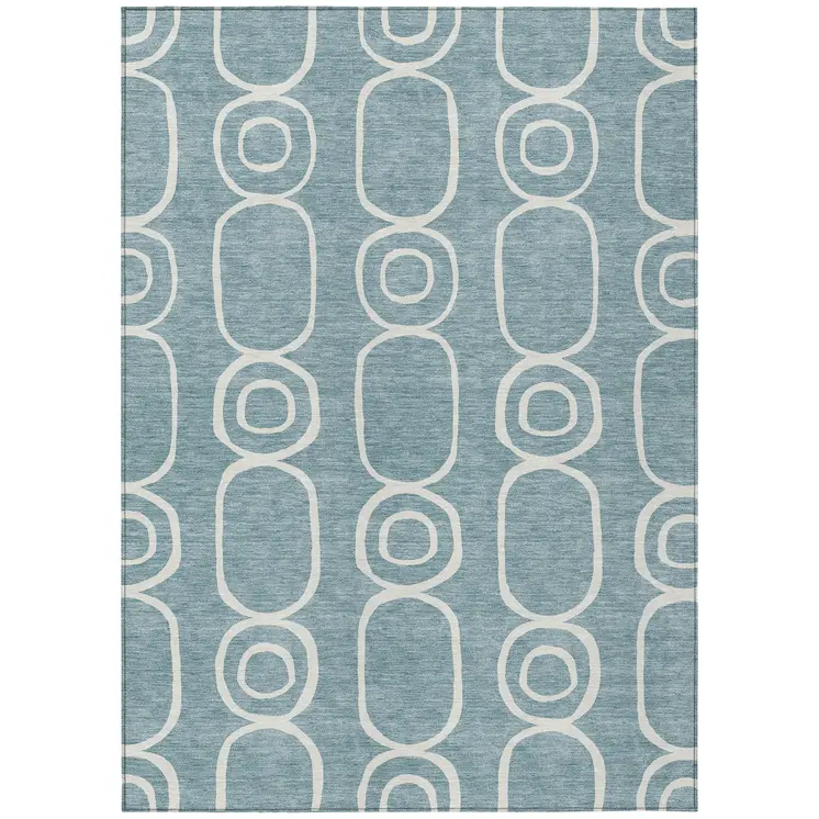 10' X 14' Aqua And Ivory Geometric Washable Indoor Outdoor Area Rug