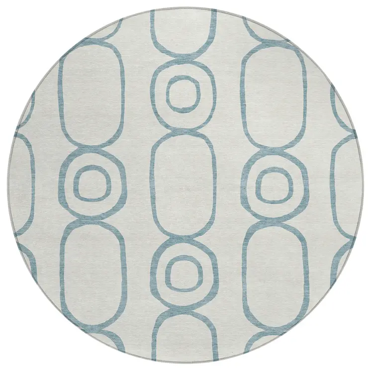 8' Teal Blue And Ivory Round Geometric Washable Indoor Outdoor Area Rug