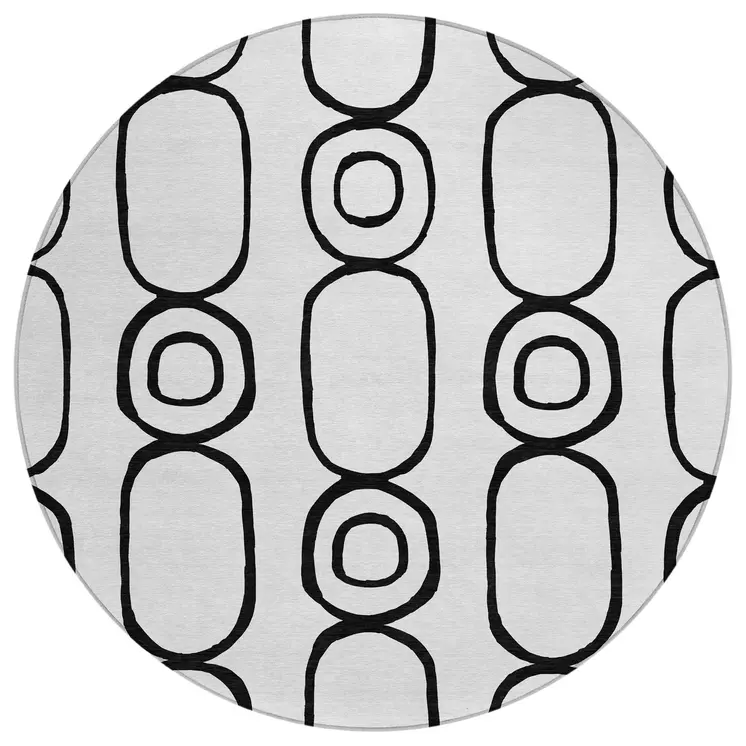 8' White And Black Round Geometric Washable Indoor Outdoor Area Rug