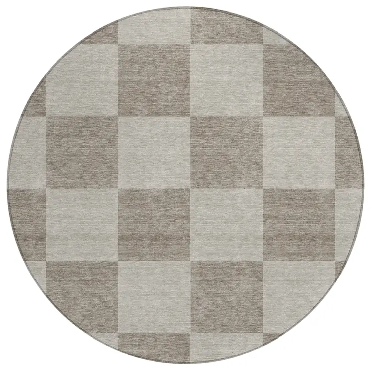 8' Khaki And Taupe Round Geometric Washable Indoor Outdoor Area Rug