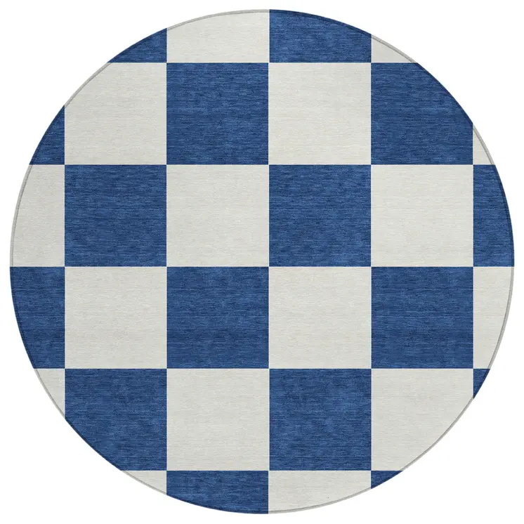 8' Navy Blue And Ivory Round Geometric Washable Indoor Outdoor Area Rug