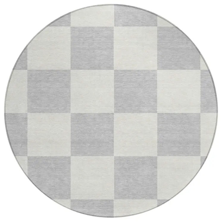 8' Silver And Ivory Round Geometric Washable Indoor Outdoor Area Rug