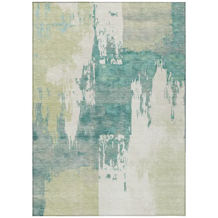 8' X 10' Artichoke Green Ivory And Aqua Abstract Washable Indoor Outdoor Area Rug