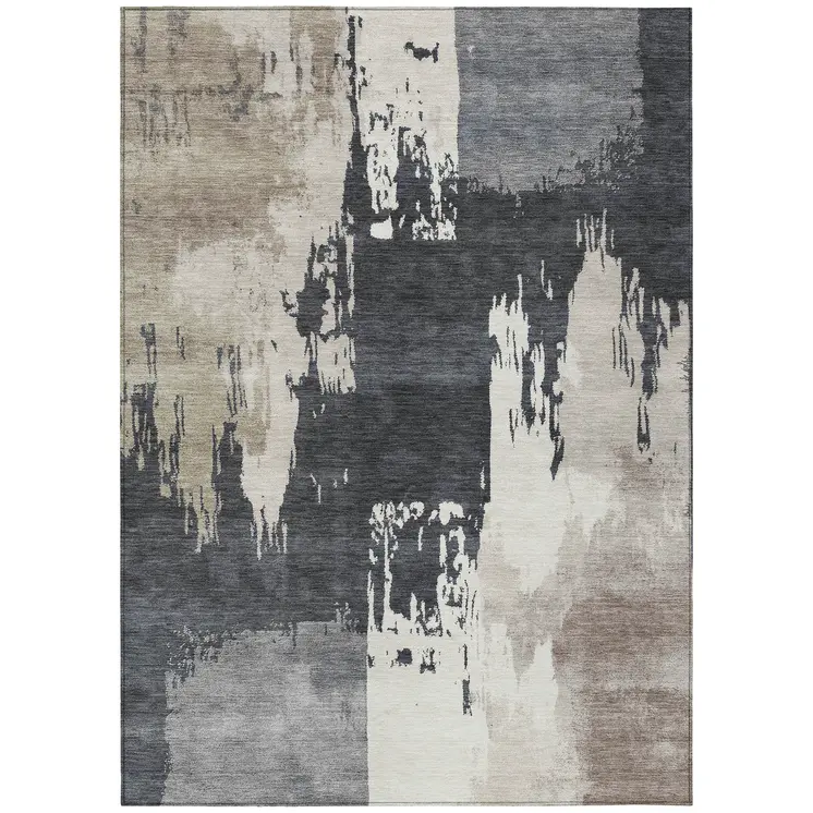 3' X 5' Charcoal Ivory And Beige Abstract Washable Indoor Outdoor Area Rug