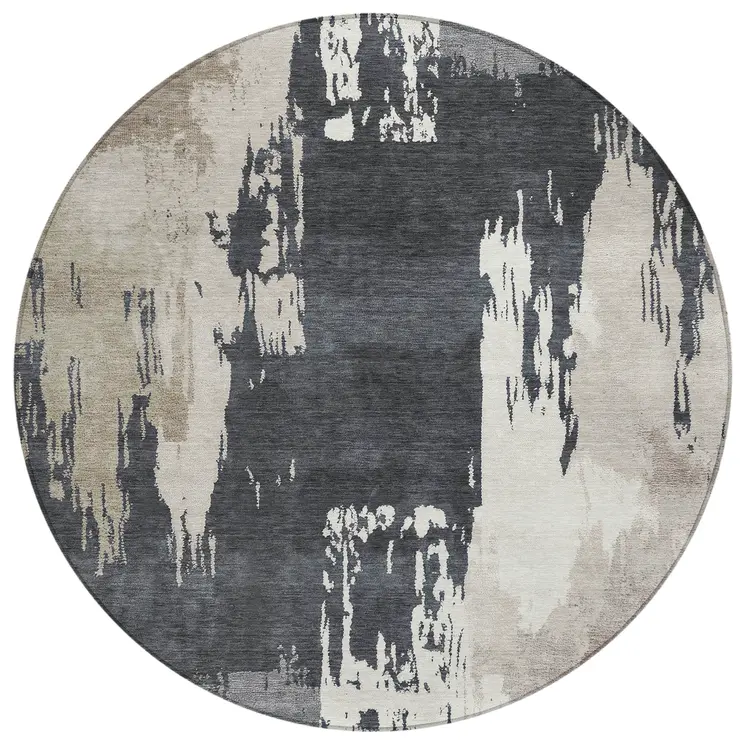 8' Charcoal Ivory And Beige Round Abstract Washable Indoor Outdoor Area Rug
